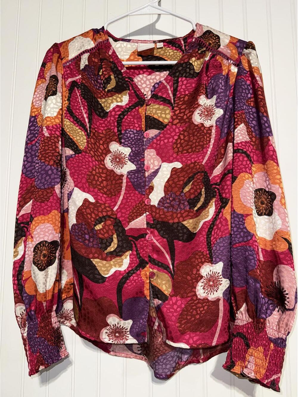 Zac & Rachel Satin Jacquard Floral Blouse Smocked Cuff Button Front Pink S
